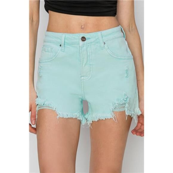 Risen Pants - NWT RISEN Mid Waist Frayed Hem Denim Shorts in Mint, Slightly Stretchy